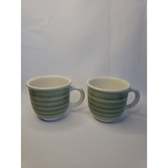 Set of Two Furio Green Stripe Coffee Tea Ceramic Cups Mugs Made in Italy - Picture 1 of 9